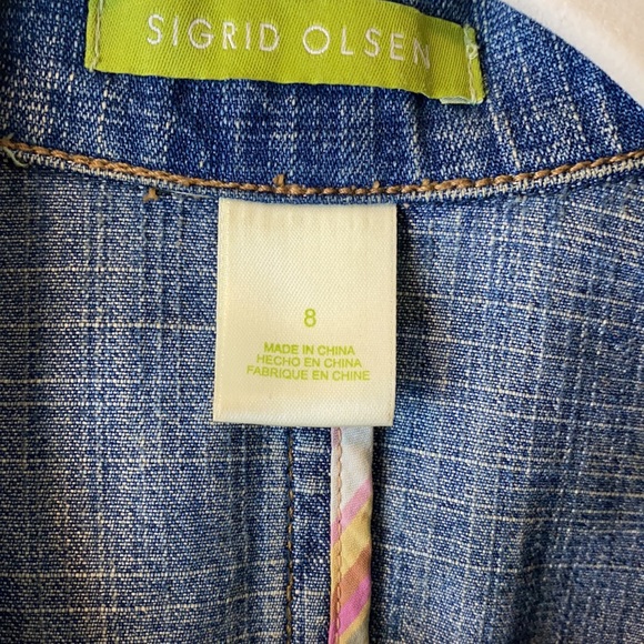 Sigrid Olsen Designer Denim Blazer Style Jacket with Tan Fringe Trim. - Picture 3 of 4